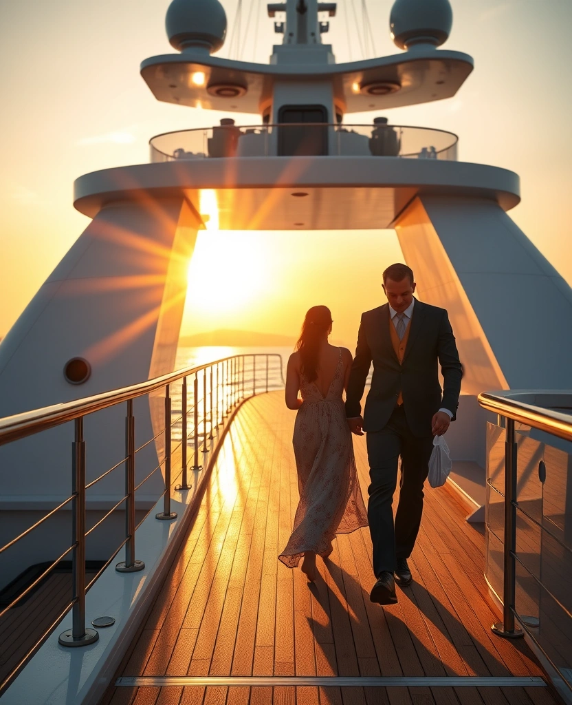 Couple enjoying romantic walk on yacht deck at sunset
